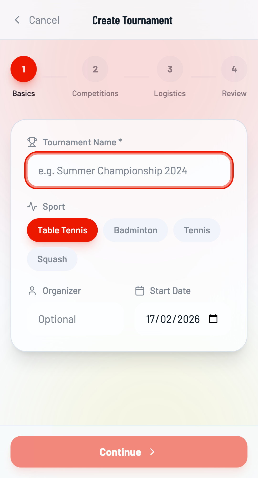 Create tournament page