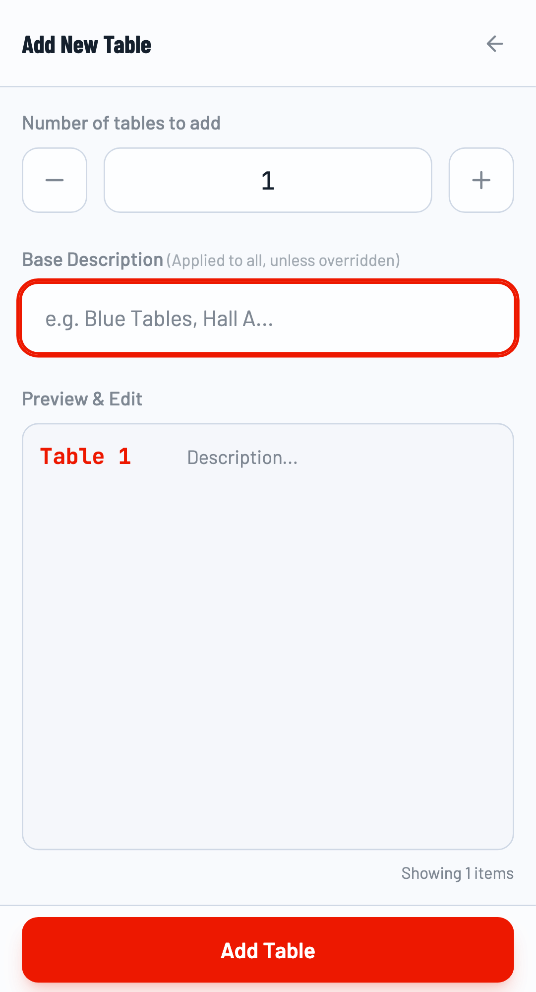 Add tables modal