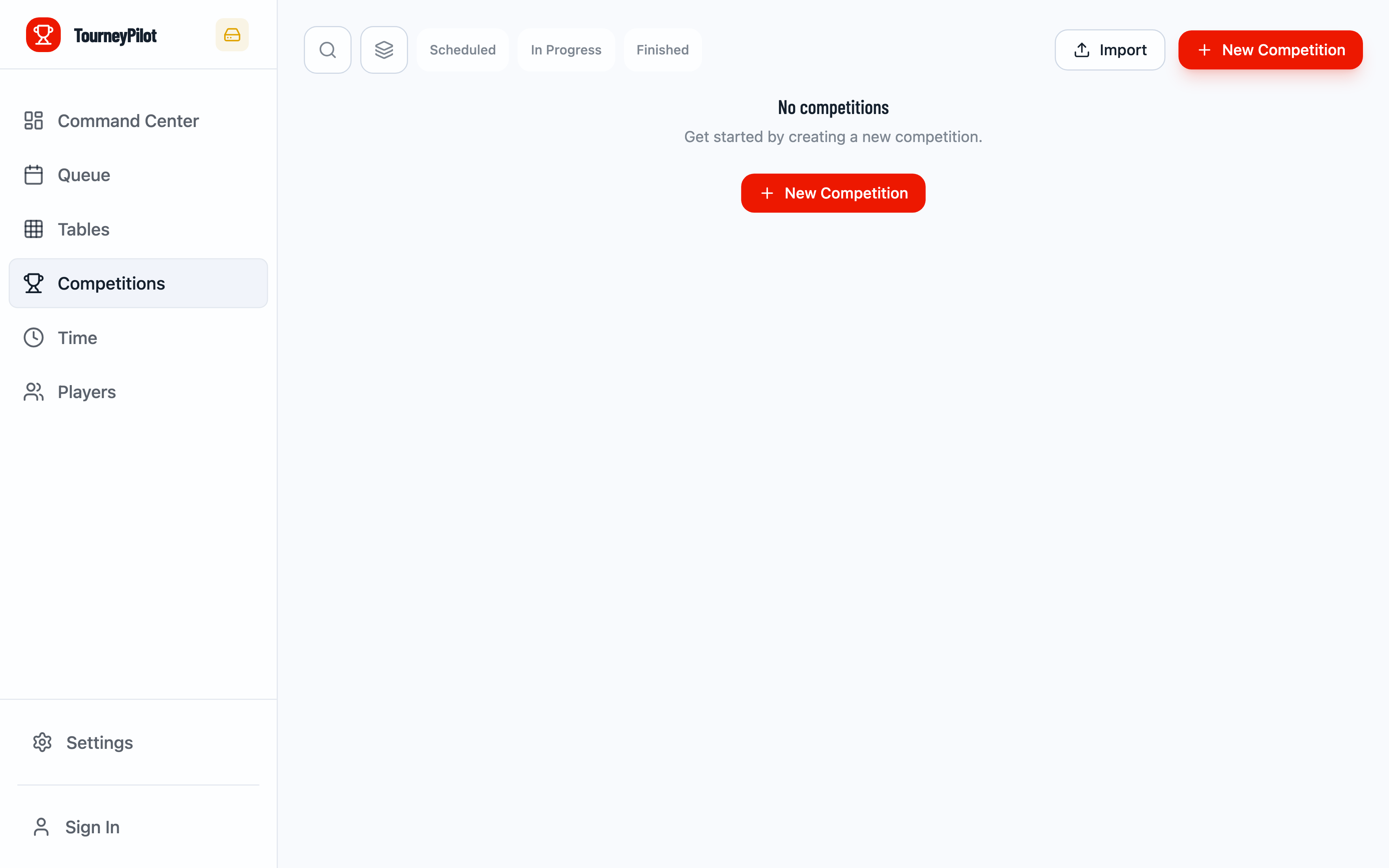 Competitions tab with Import button