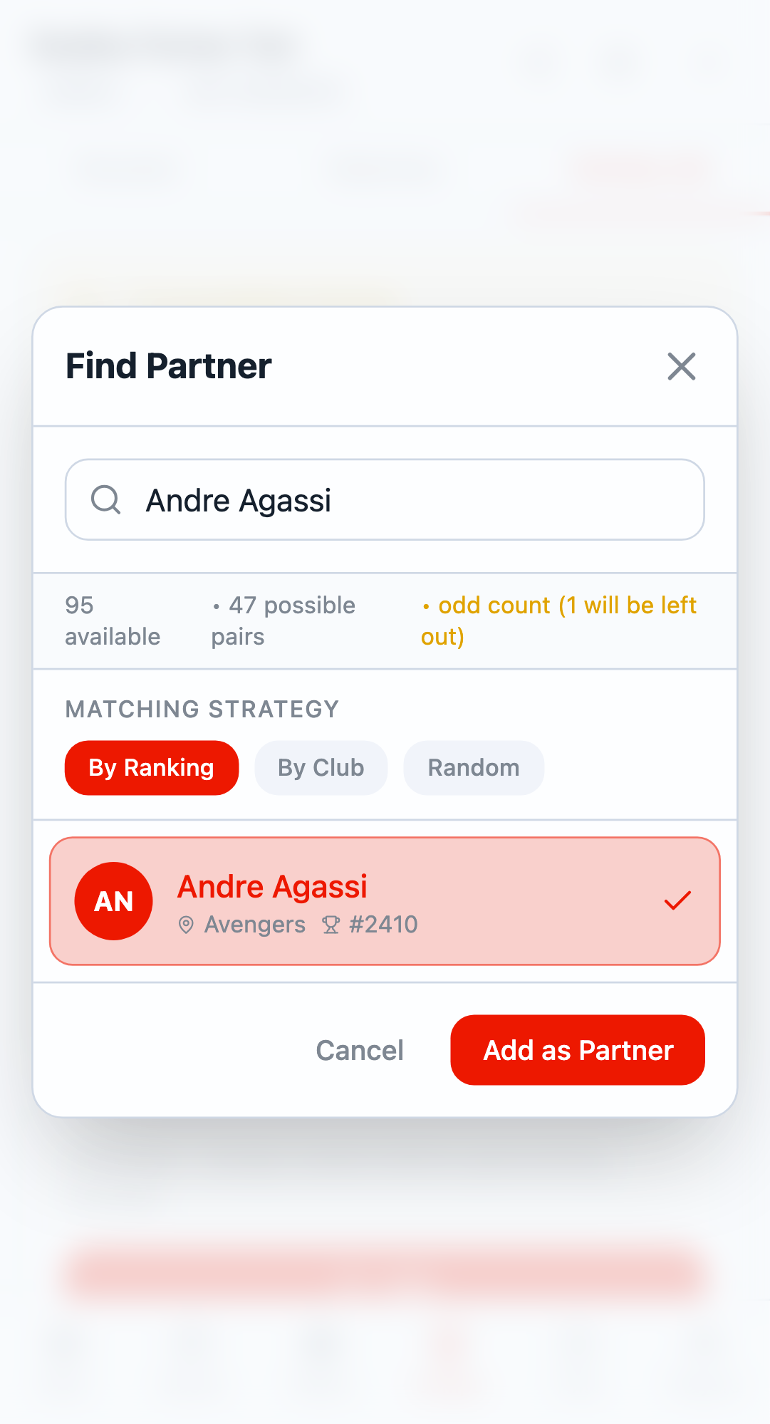 Partner selected in modal