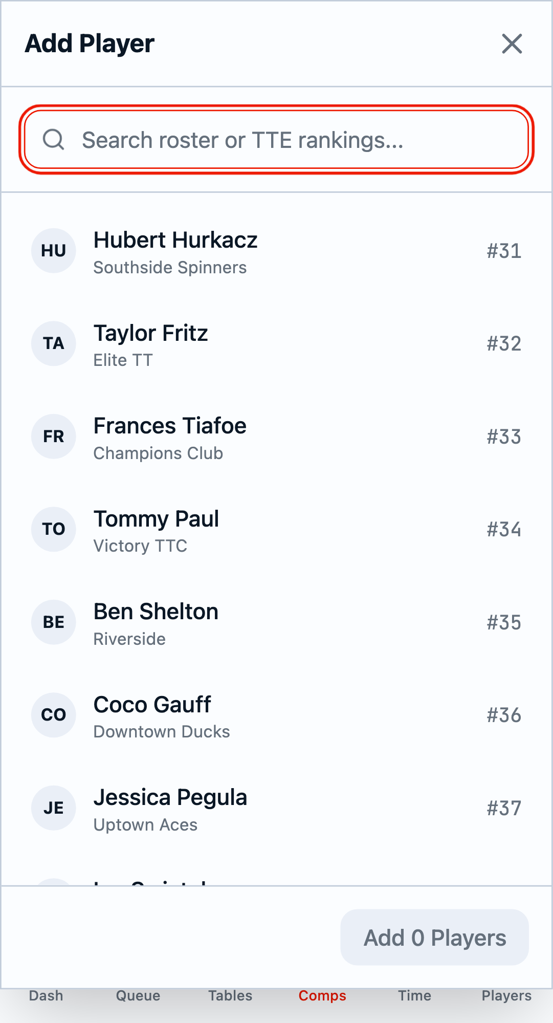 Add player to competition modal