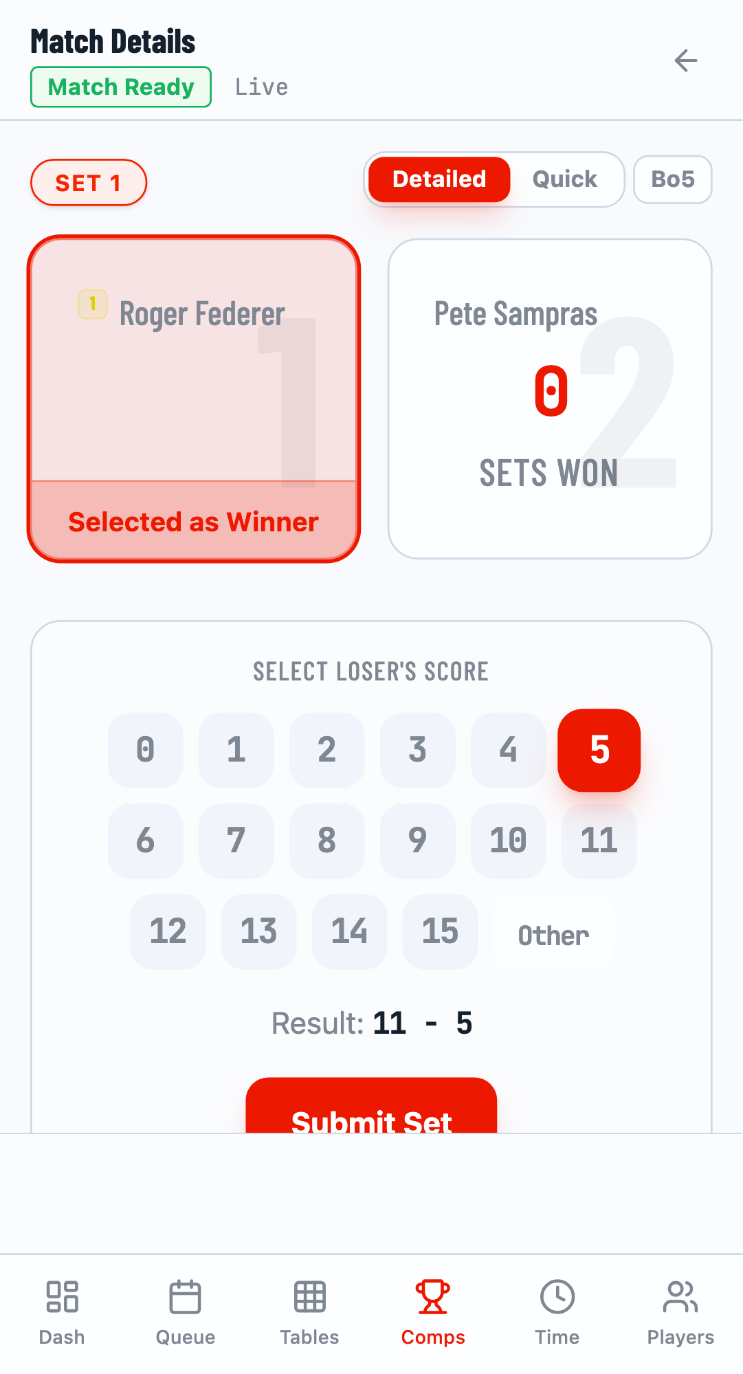 Loser's score selected with preview