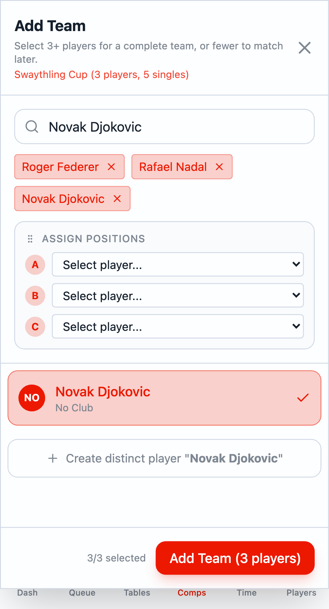 Team A players selected