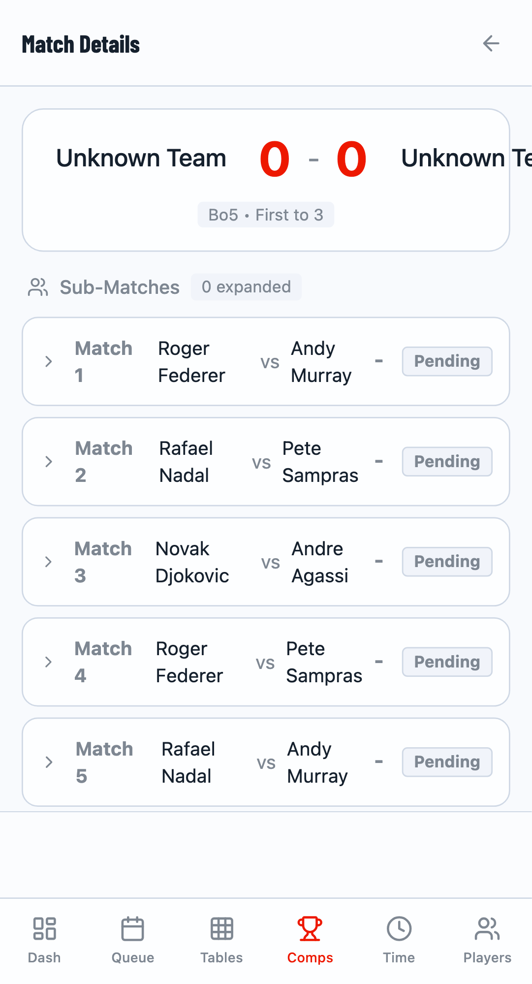 Team match control panel