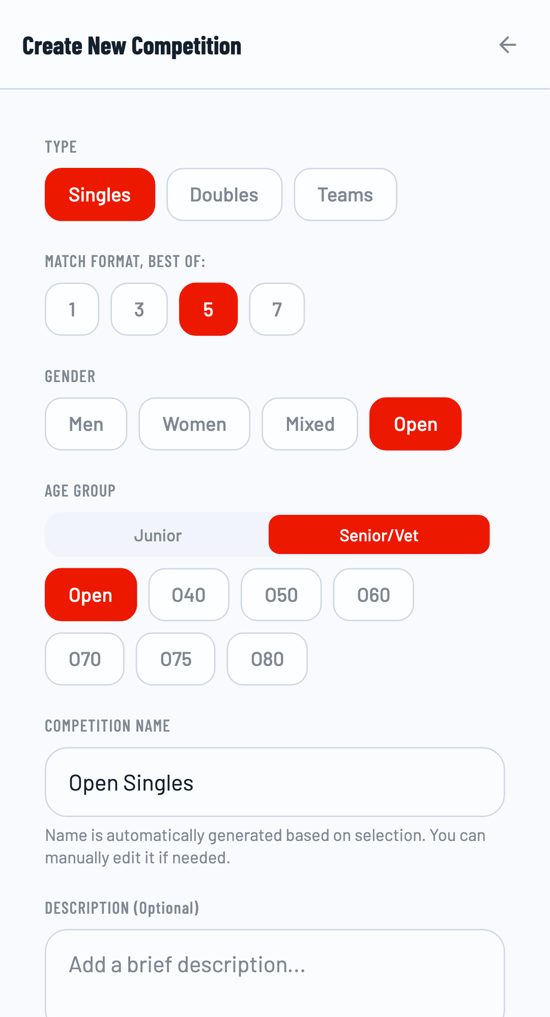 New competition modal