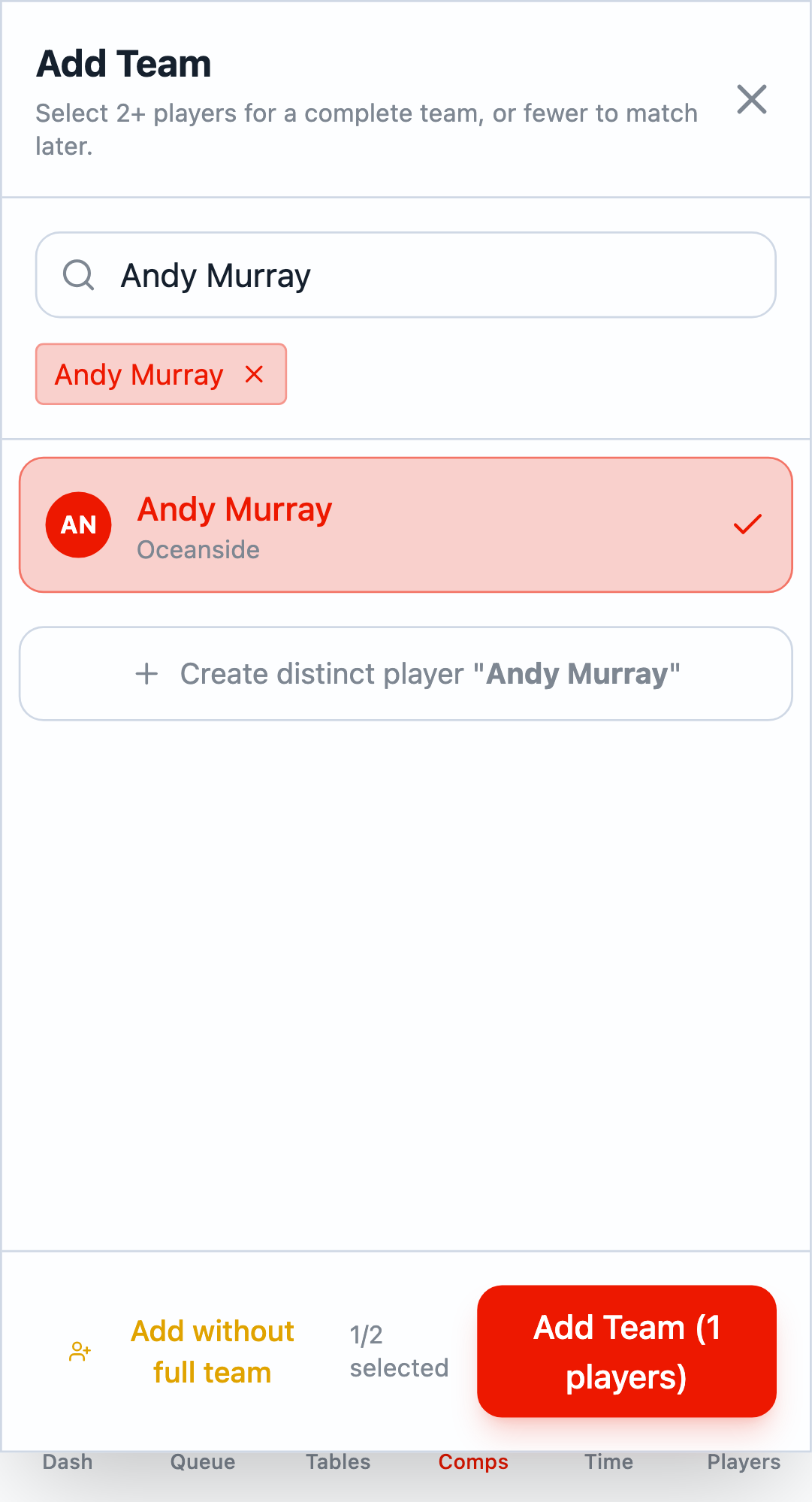 Add without full team option